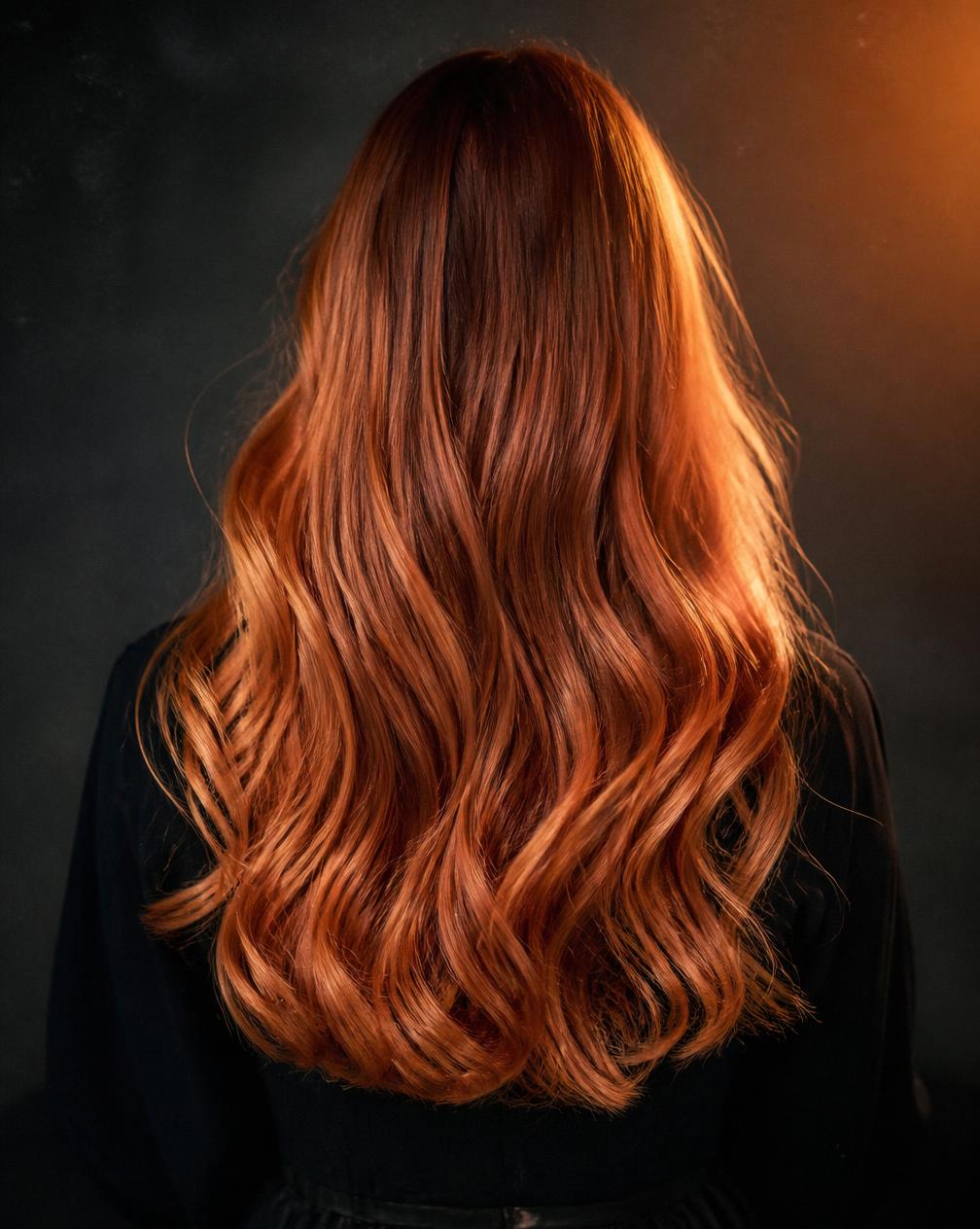 Long copper balayage waves photographed from behind in warm light
