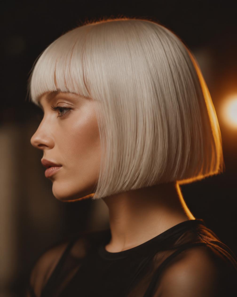 Woman with platinum blunt bob and fringe in profile