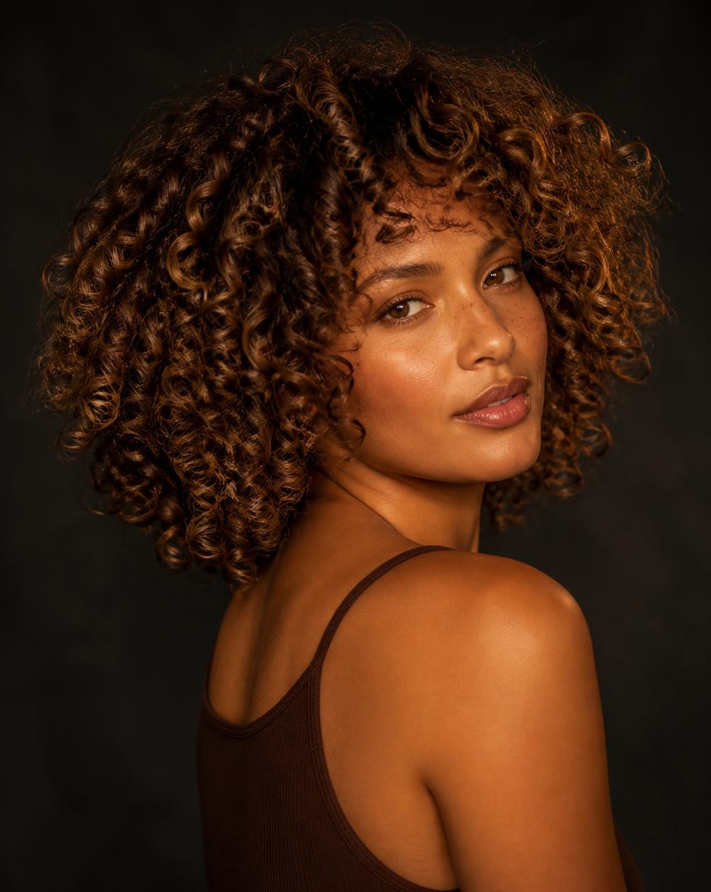 Woman with defined honey brown curls