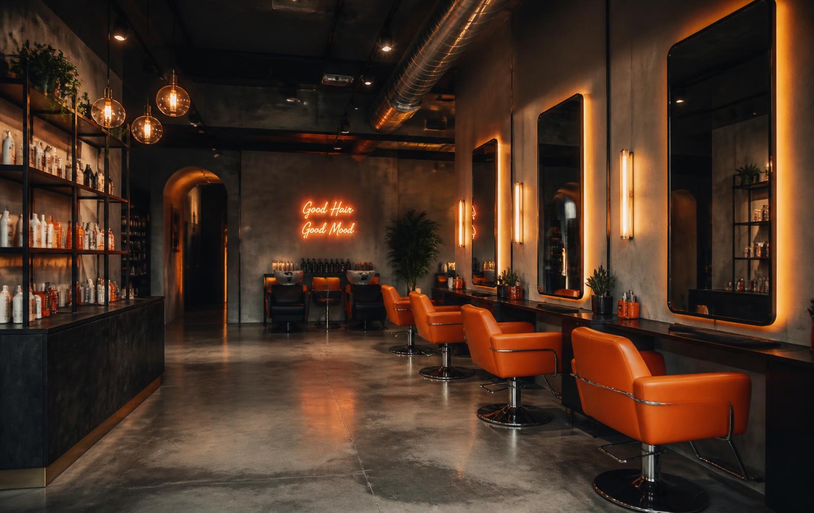 Interior of Orange Room studio with orange styling chairs