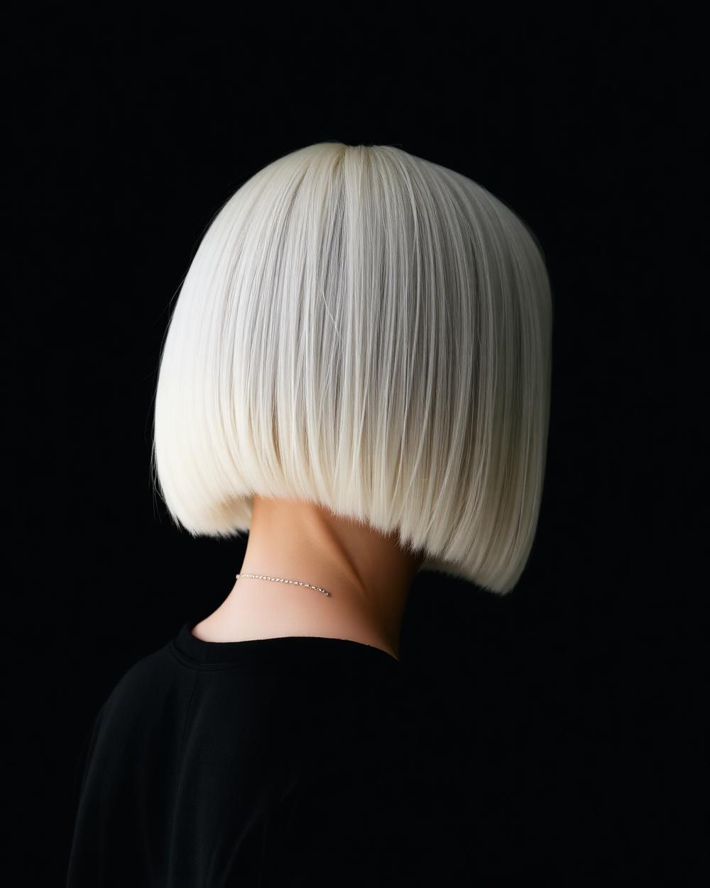 Blunt platinum bob seen from behind